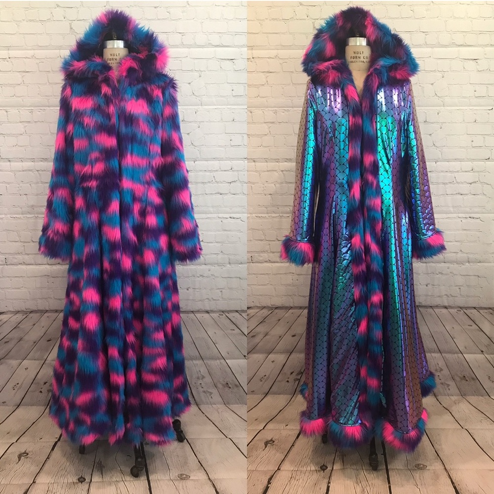 Vibrant Multicolor Reversible Faux Fur coat for Festivals, Burning Man.